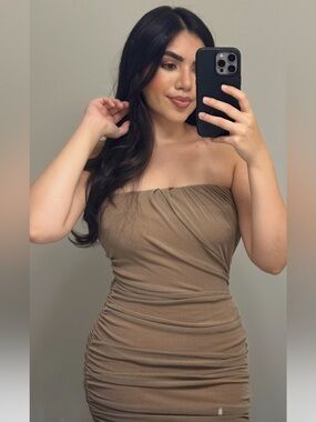 JLUXLABEL Strapless Ruched Bodycon Dress in Tan